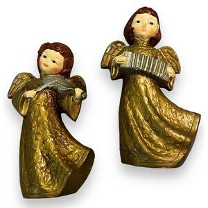 2 Vintage Christmas Angels  9"  Figurines Taiwan Gold Gowns Musical Instruments